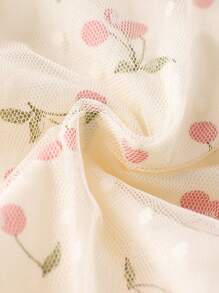 1 件女童甜美樱桃图案印花网眼长袖连衣裙，适合春秋季节