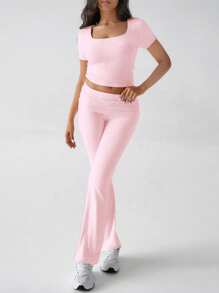 Women's Two-Piece Sports Casual Solid Color Sexy Slim Square Collar Short-Sleeved Top Micro-Cropped Pants Suit