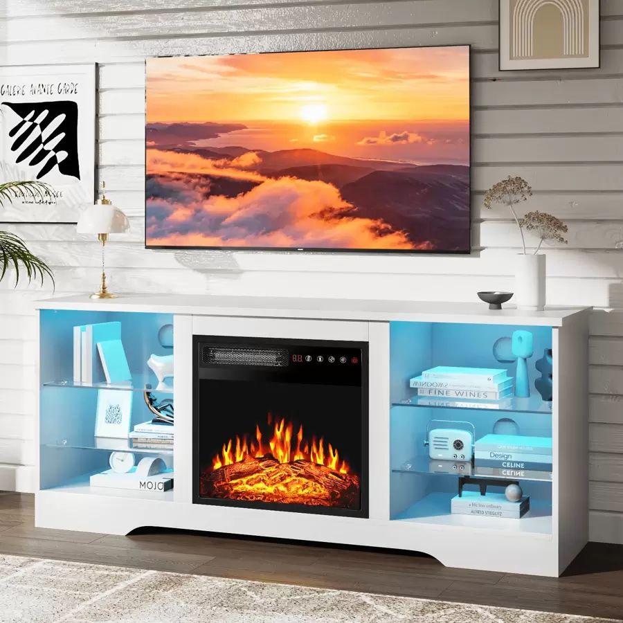 [2 Packages Shipping]Fireplace TV Stand - With 18" Electric Fireplace Heater & Remote Control, 58" TV Media Console With Glass Shelves And Storage For Living Room,Thanksgiving,Christmas  Gift - 白色 - 查看 1