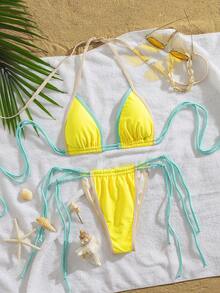 PEPPERMOLLY Contrast Binding Adjustable Strap Bikini Set, Ladies Fashion Swimwear For Beach, Yellow, For Summer Vacation - Yellow - View 1