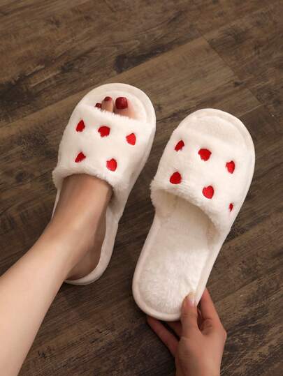 Fluffy Heart-Shaped Peep Toe Slippers For Women, Comfortable Indoor Silent Floor Slip-On, Cute All Season Home Wear Warm Slippers
