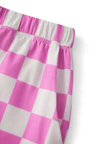 Women Wide-Leg Pants Checkerboard Elastic Waist Loose Trousers Spring Summer Casual Sweatpants Bottoms - Pink - View 9