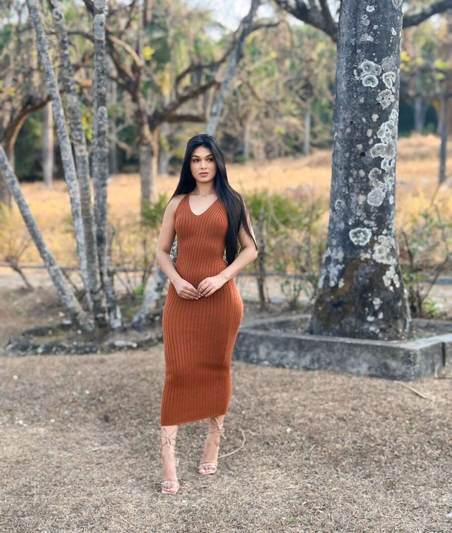 Modal Knit Longuete Dress Open Back Racerback Carnival Look - Rust - View 1