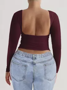 大码女式长袖性感露背修身 T 恤