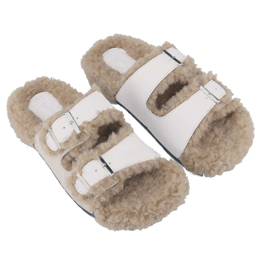 BELOVELY Women's 2-Strap Adjustable Buckle Cork Sandals With Cozy Fur Footbed, Open Toe Platform Casual Walking Shoes