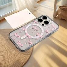 A Phone Case Suitable For IPhone 16 15 14 13 12 11 Pro Max Featuring A Pink Bow Design And Supporting Wireless Charging It Is Made Of Acrylic Material