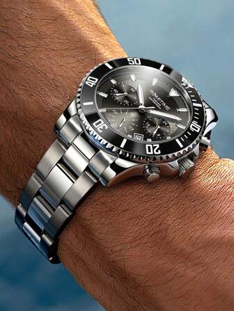 GUANQIN 1 件防水夜光手表带计时码表日历表盘耐磨不锈钢表带时尚商务奢华运动经典简约休闲机械风格男士自动石英表适合情人节、节日、约会、商务、礼物