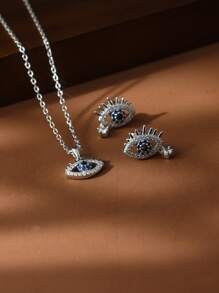 1 Set 925 Silver Zirconia Blue + Silver Eye Lash Design Earrings Pendant Necklace Set, Lightweight Luxury Creative Jewelry Set, Suitable For Ladies Wear In Daily Gatherings And Parties - Blue - View 7