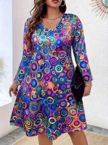 Women's Plus Size V-Neck Long Sleeve Circle Dress - Elegant Midi Dress With Flowy Skirt, Casual Office & Party Dress, Classic A-Line Spring Dress,Fashion Orange Plus Size Dresses