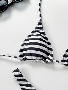 Đồ bơi nữ cơ bản kẻ sọc, phù hợp cho nhiều dịp từ hồ bơi đến bãi biển vào mùa hè, bikini tam giác nhỏ mặc hàng ngày khi đi nghỉ mát. - Đen và trắng - Xem 5