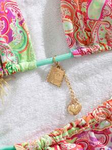 PEPPERMOLLY 全新柔软衬垫可调节肩带印花系带优雅派对比基尼套装，夏季海滩时尚女士泳装 - 綠色 - 查看 4