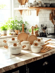 Mimo Style Cook Cookware Set With Triple Induction Base And 10 Pieces, Vanilla Marble - 白色 - 查看 1