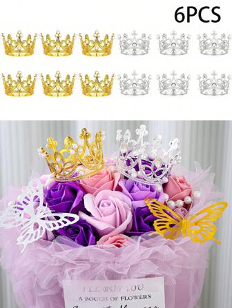 6pcs Reusable Mini Tiara Princess Crown,Pearl Crown Cake Topper,Bridal Flower Arrangements Bouquet Glittering DIY, Boys And Girls Birthday Wedding Party Baby Shower Decoration