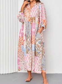 Vestido Maxi de Mujer de Mangas Linterna Estilo Bohemio con Cuello en V, Lazada, Bolsillos y Estampado de Retazos al Azar