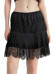 Women's Y2k Lace Half Slip Skirt Low Rise Pleated Ruffle LaceTrim Mini Skirt Layered Flowy Short Skirts Underskirt - Black - View 1