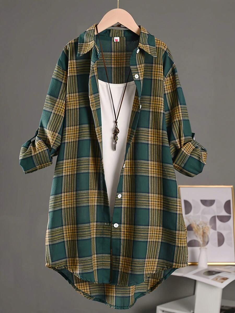 6614 Plaid Print Long Sleeve Lightweight Shirt For Spring & Summer, Sun Protection - Green - View 1