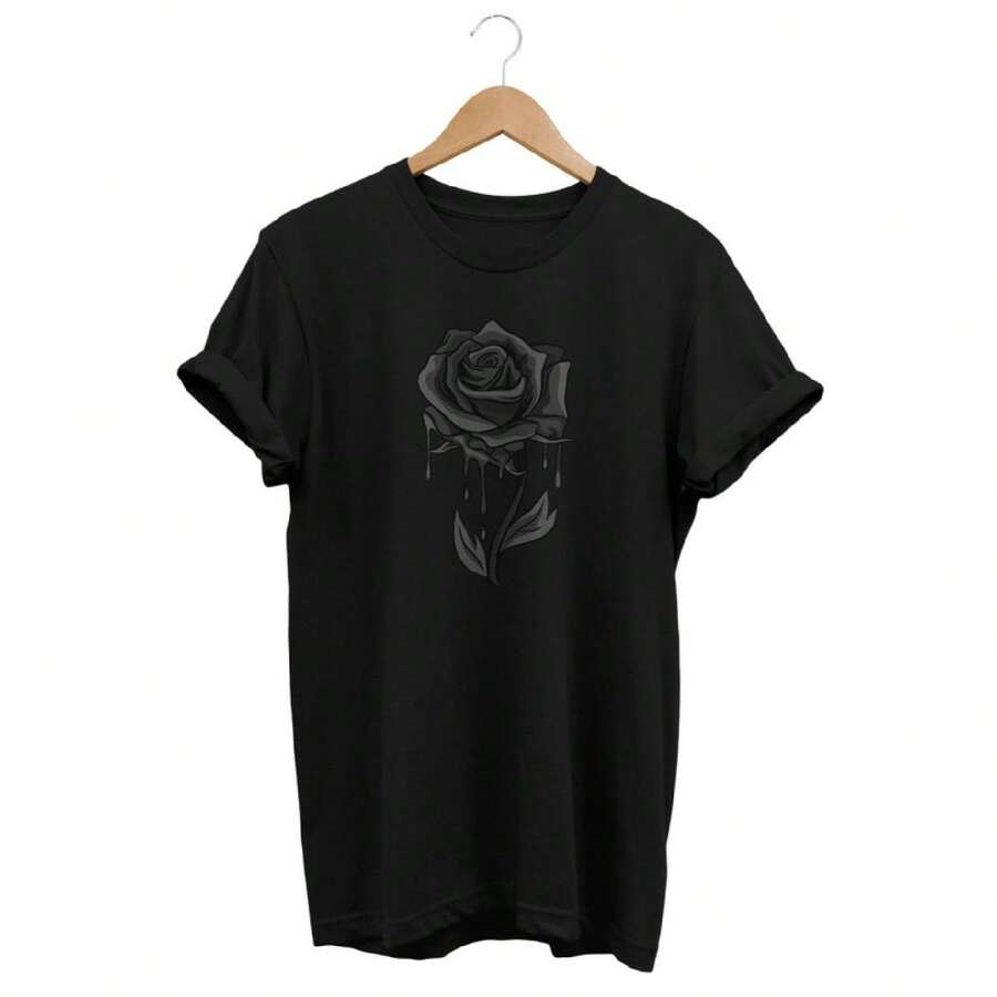 Bleeding  Rose Floral Goth Style T-Shirt, Soft Grunge Clothes, Gothic Aesthetic Clothing, Emo Gifts - Black - View 1
