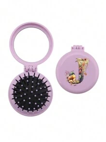 1 pezzo Pettine mini floreale esclusivo per matrimonio con 26 lettere, compatto e portatile, pettine mini con cuscinetto d aria pieghevole per massaggio, specchio incorporato, essenziale per viaggi e campeggio. Indispensabile per il ritorno a scuola e le vacanze - Viola - Visualizzare 24