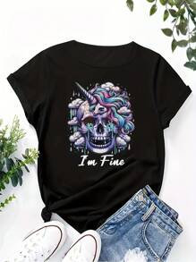Women's Plus Size Skull Print T-Shirt - Casual Crew Neck, Short Sleeve, Stretchy Polyester Blend, Machine Washable