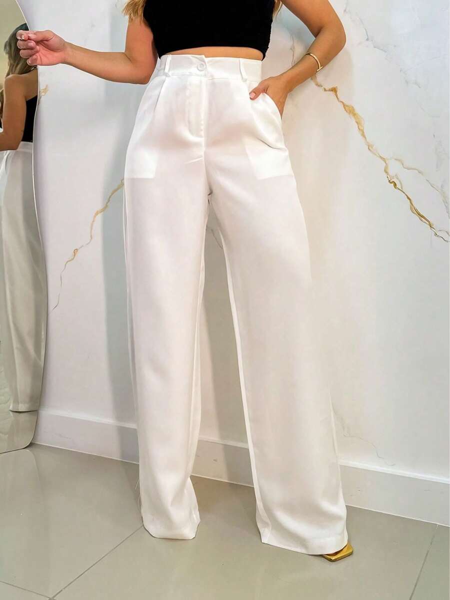 Women's Tailored Palazzo Pants With One Button And Open Zipper - 白色新 - 查看 1