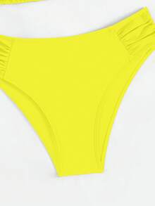 2pcs Sweet & Sexy Solid Color Tie-Up Spaghetti Strap Bikini Swimsuit Set, Beach Holiday Style - Yellow - View 6