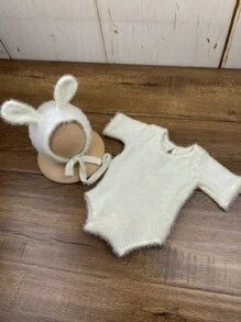 2pcs/Set Newborn Baby Photography Outfit, Soft Mink Velvet Bunny Ear Hat And Romper Set, Infant Growth Photography Props, Gift For Baby Boys & Girls