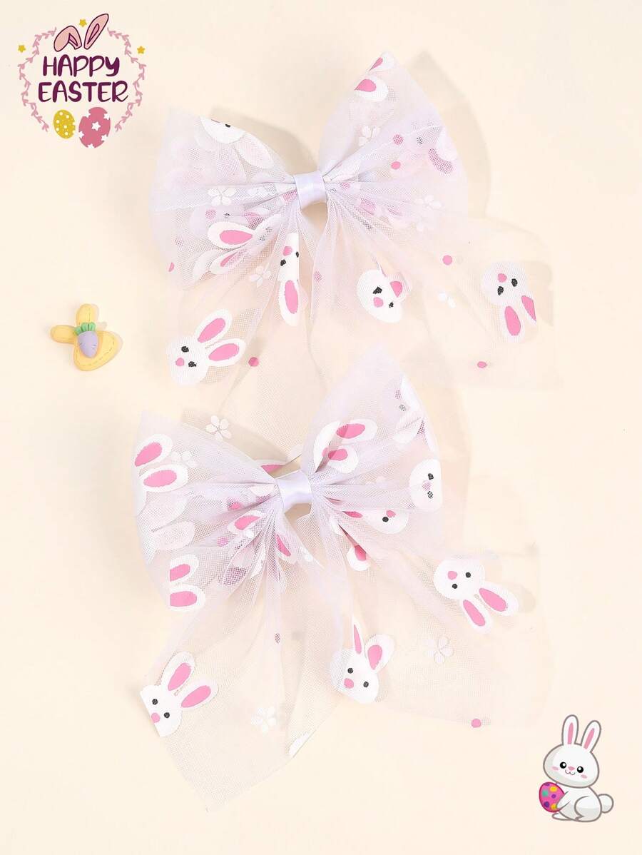 2pcs Easter Bunny Pattern Hair Clips, Cute Rabbit Bow Alligator Clips With Tail, White Mesh Sailor Hair Clips, Girls Double Ponytail Bow Hair Clips, Cartoon Spring Picnic/Holiday Hair Clips, Teens Hair Accessories - Multicolor - View 1