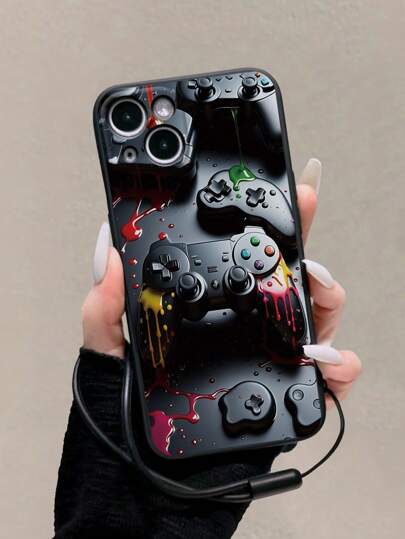 Funda de teléfono antideslizante pintada con borde recto perforado para consola de juegos con correa de muñeca de silicona negra