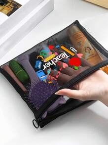 黑色网眼化妆包，带创意字母教师图案，气垫收纳便携式收纳包，化妆包，护肤包，旅行必需品，宿舍用品，浴室收纳，珠宝收纳，唇油和化妆品收纳包学校用品 - 黑色 - 查看 6