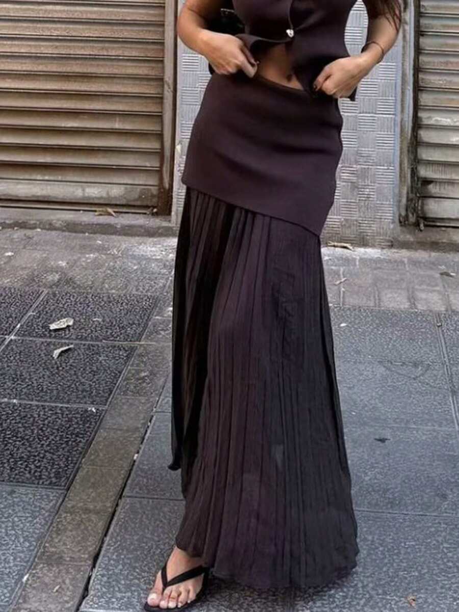 女士优雅拼接高腰拉链及踝长裙时尚拉链松紧腰褶皱长裙 - 棕色 - 查看 1