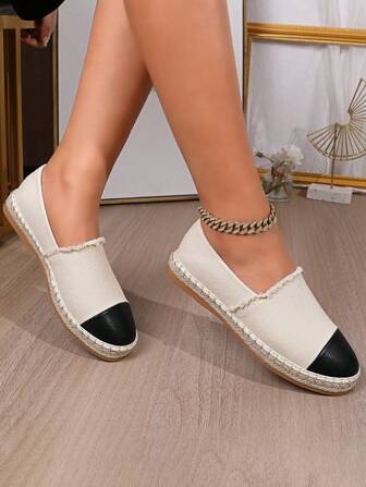 Women's Loafers Casual Canvas Slip-On Shoes Round Toe Color Block Platform Moccasins Black & White, Lightweight And Breathable, Suitable For Spring & Autumn