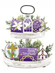 7 stuks Paaslente paarse lelies Hij is opgestaan kantoor posterbord kunstwerk decoratie houten geen gelaagde lade decoratieve bureau feest accessoires plaquette bevestigingen tafelbord, paascadeau voor vrienden (geen lade) terug naar school