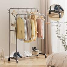 OYAJIA Clothes Rail,Double Rods Garment Rack, Clothing Rack For Hanging Clothes,4 Hooks, Multi-Functional Bedroom Clothes Rack, Wheels Optional,Black - Black - View 1