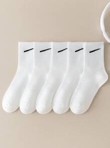 5 Pairs Pure White Socks For Women, Korean Style Mid-Calf Socks, Versatile For Summer, Unisex Athletic Socks For Autumn/Winter