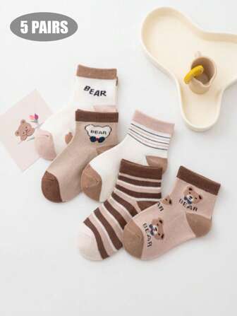 5 Pairs Brown Bear Kids Socks, Mesh Thin Mid-Calf Cartoon Socks For Boys And Girls, Toddler/Baby Socks, Spring/Summer