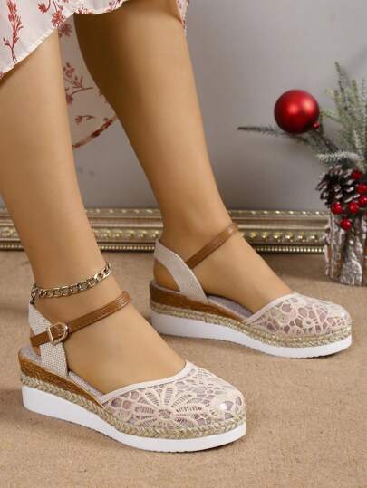 2026 Spring/Summer New Women's Sandals, Lace Breathable Mesh, Bohemian Woven Straw Thong Style, Linen Sole, Wedge Heel, Platform Sandals