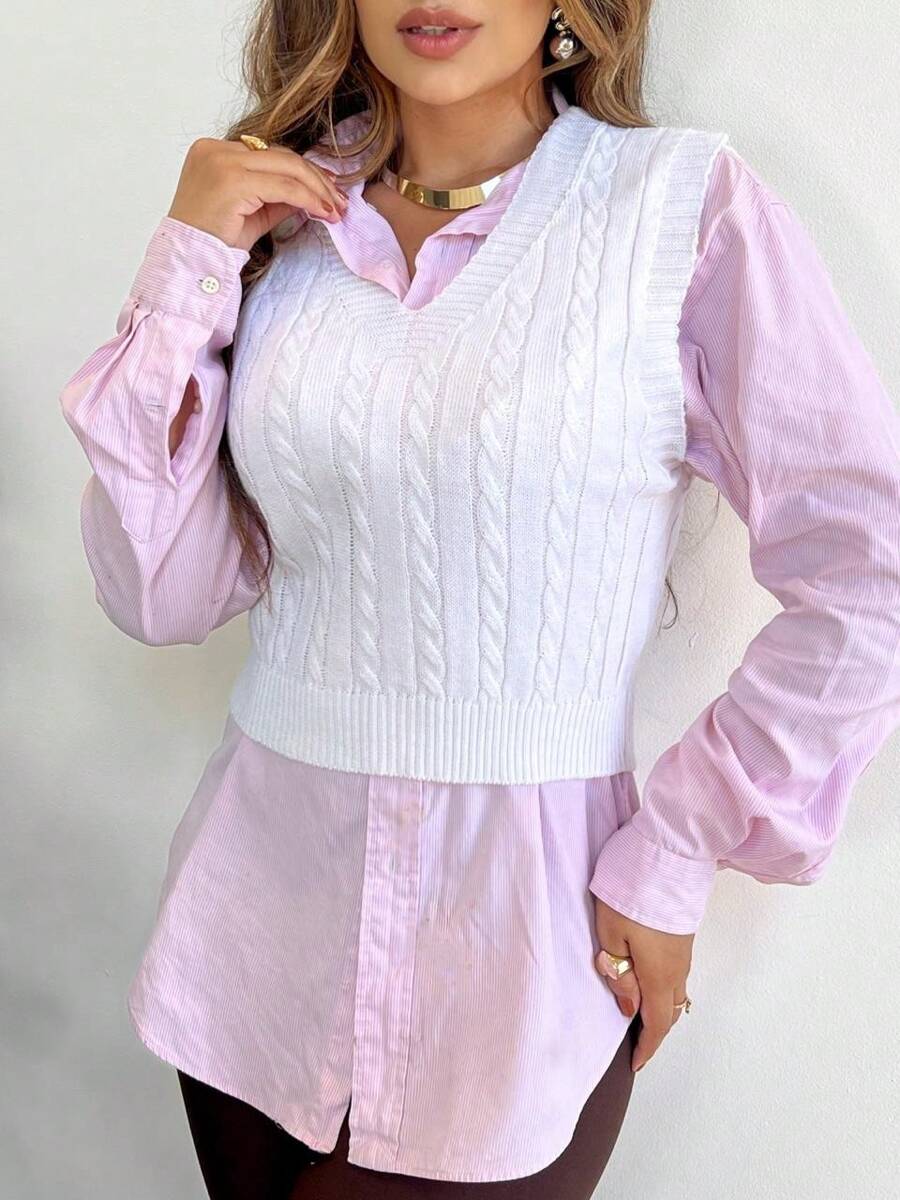 V-Neck Braided Knit Sweater Vest - White - View 1