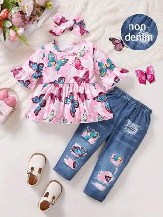 3pcs Baby Girls' Butterfly Decor Digital Print Flare Sleeve Top, Pants And Headband Set, Casual Everyday Outfit