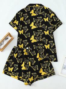 蝴蝶印花撞色滚边睡衣套装 - 黑色 - 查看 2