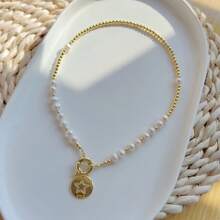 手工编织天然人造珍珠珠镀铜 14K 金人造珍珠新月吊坠多层项链，开斋节月亮星珠宝 - 彩色 - 查看 8