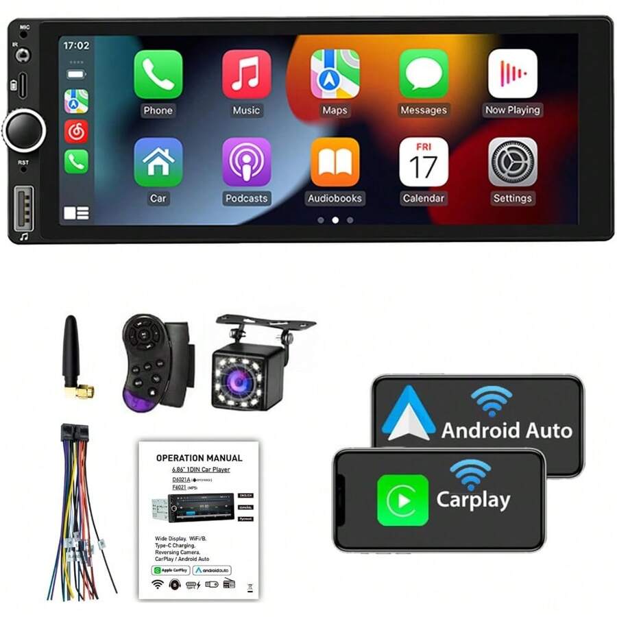 FINYQBET 1 DIN Auto Estéreo Radio de Coche Compatible con Apple CarPlay Android Auto USB Tipo C, visualización táctil de 6.9 Pulgadas, Enlace de Espejo, cámara de Respaldo Bluetooth DSP - 1 - Ver 1
