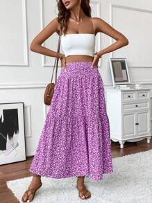Women's Maxi Skirt Tiny Floral Casual Elastic Waist With Pockets Ruffled Hem Ladies Summer A-Line Long Skirts - Purple - View 6