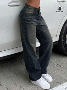 大码女式复古休闲宽松直筒牛仔裤