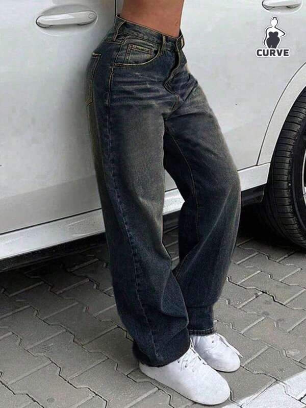 Plus Size Women's Retro Casual Loose Straight Leg Jeans
