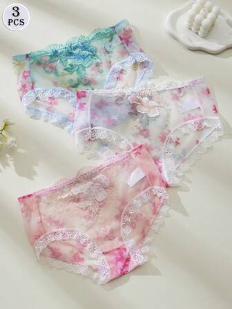 DORSU 3 条装蕾丝性感刺绣三角裤复古宫廷成熟魅力舒适透气透明内裤