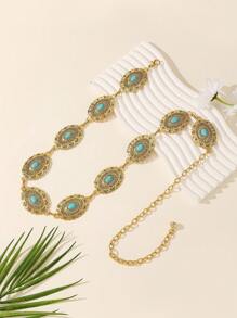 Retro Oval Floral Retro Pattern Faux Vintage Silver Waist Chain, Versatile Metal Waist Belt For Dresses And Pants - Golden Sapphire - View 3