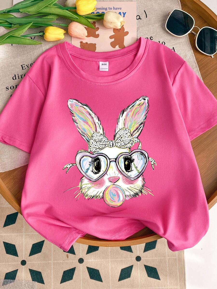 Girls' Cartoon Rabbit Print Round Neck Short Sleeve T-Shirt, Casual Tee For Spring & Summer - Hot Pink - View 1