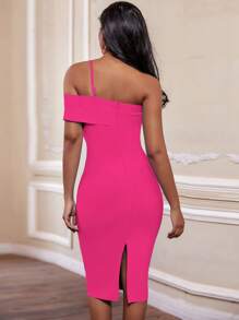 Abito midi aderente da donna elegante con un spalla scoperta, vestito fasciante sexy e alla moda, vestito cocktail fucsia per uscite serali e feste, abbigliamento estivo - Fucsia - Visualizzare 7