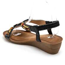 Sandalias de cuña con decoración de cuentas y hebilla decorativa - Negro - Ver 4