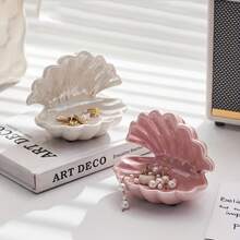 1 pieza Bandeja de joyería de cerámica con forma de concha, estilo decorativo artístico, soporte multiusos en forma de medio círculo para llaves y joyas para la entrada/tocador, decoración del hogar, regalo pensado para madre/amiga - Regalo de boda, bandeja de joyería